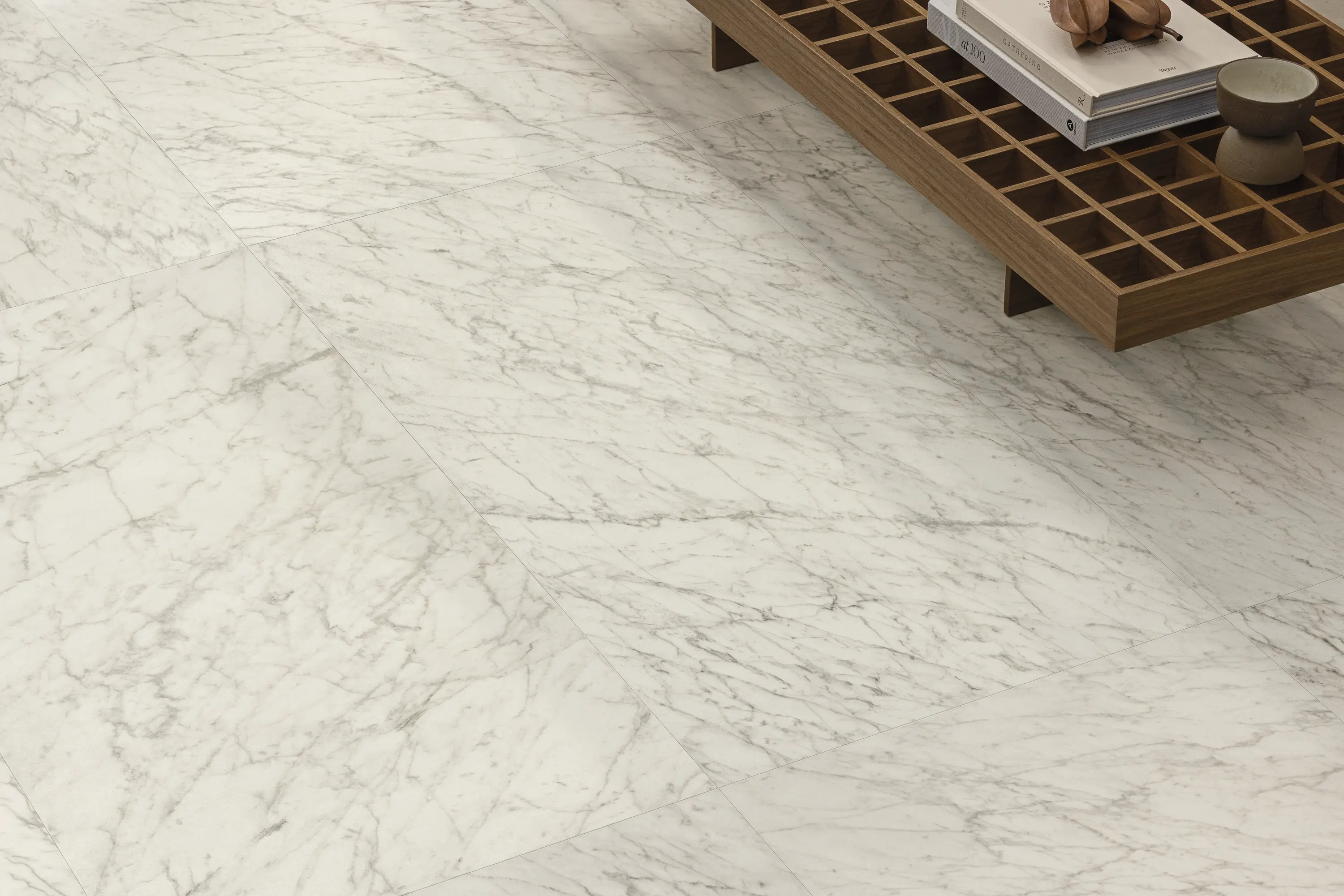 Light marble-look tile with soft gray veining