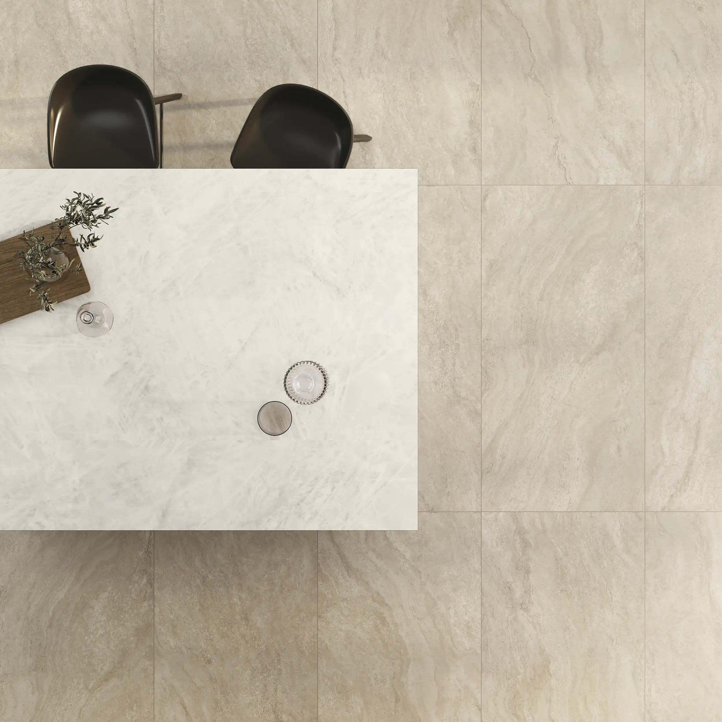 Light beige wall tile with subtle veining, featuring a floating sink and minimal accessories