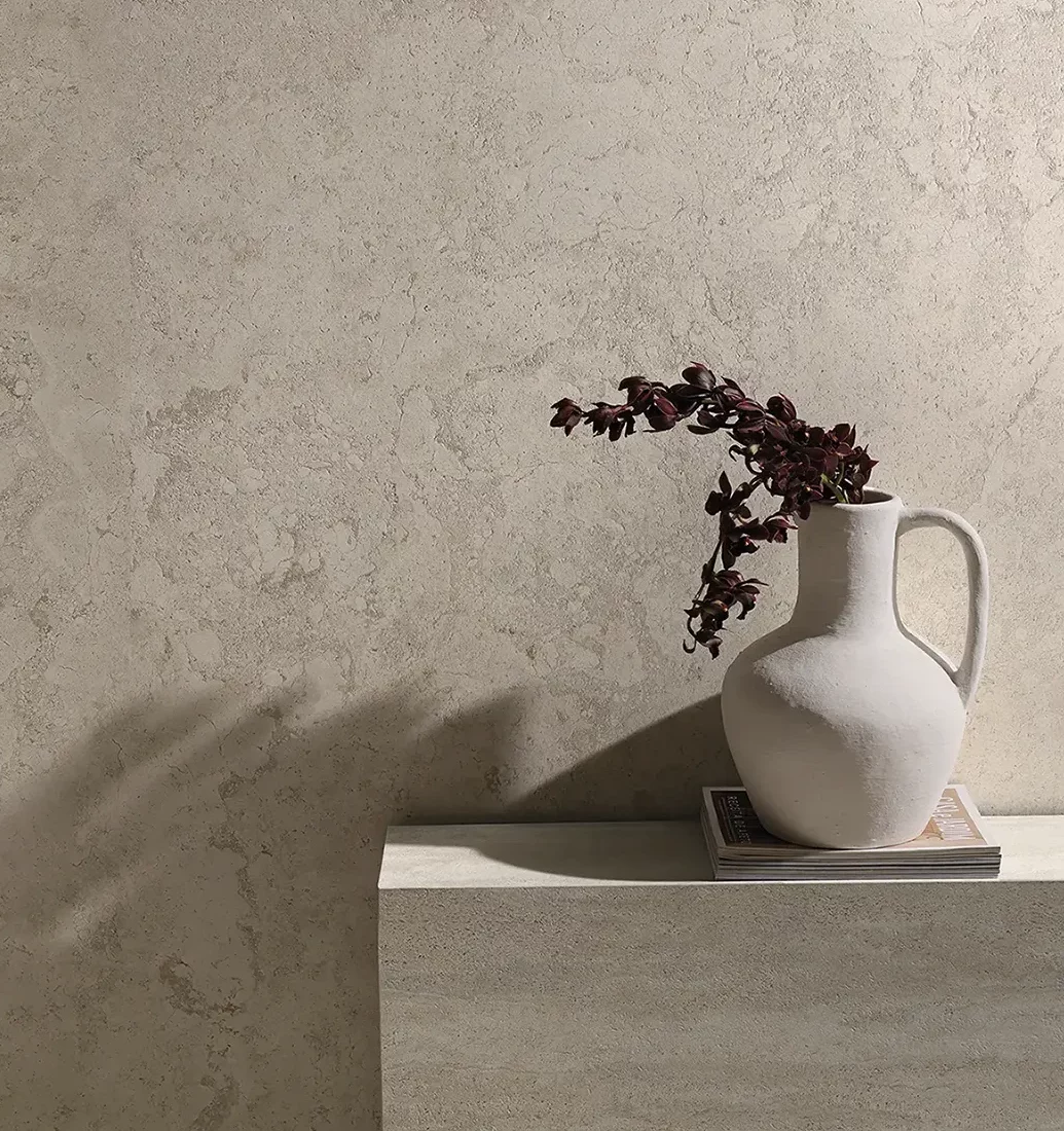 Textured beige wall with sculptural vase and dried floral arrangement - Aeterna X